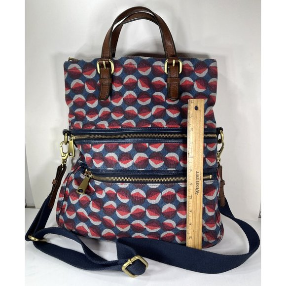 Fossil Explorer Geometric Fabric with Leather Trim Crossbody Shoulder Bag - Picture 8 of 12